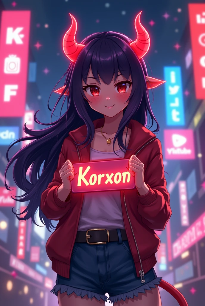 Anime style demon girl, holding a nameplate with the name Korxon.
With a YouTube and social media background.