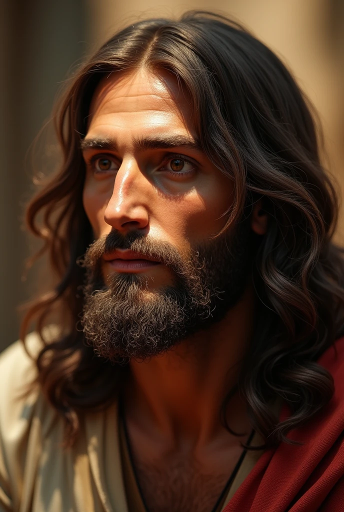 Ultra-realistic close-up of Jesus Christ in 8k, with long hair and beard.