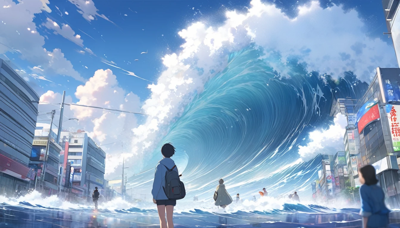 High definition、Masterpiece、Reality、Tsunami in Tokyo、100 Meter Tsunami、A young man watches from afar、Makoto Shinkai style
