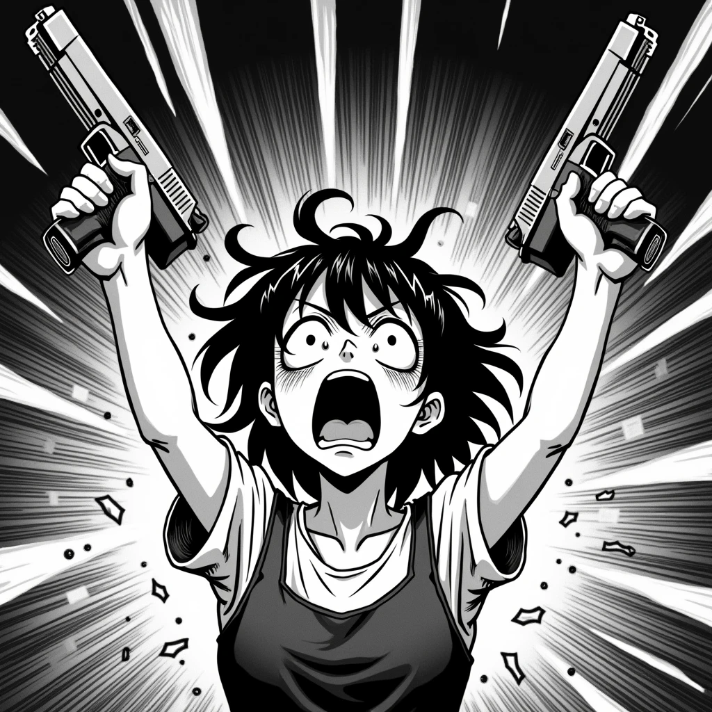 Create a high-contrast black and white illustration featuring a person with an expression of intense fear and shock. The character should have wide, terrified eyes, an open mouth screaming, and be holding two guns in their hands, with their arms extended upward. The background should have a chaotic, almost dystopian atmosphere, with dark, sharp lines and textures. The overall style should resemble that of a manga, with exaggerated features, detailed linework, and a dramatic composition.