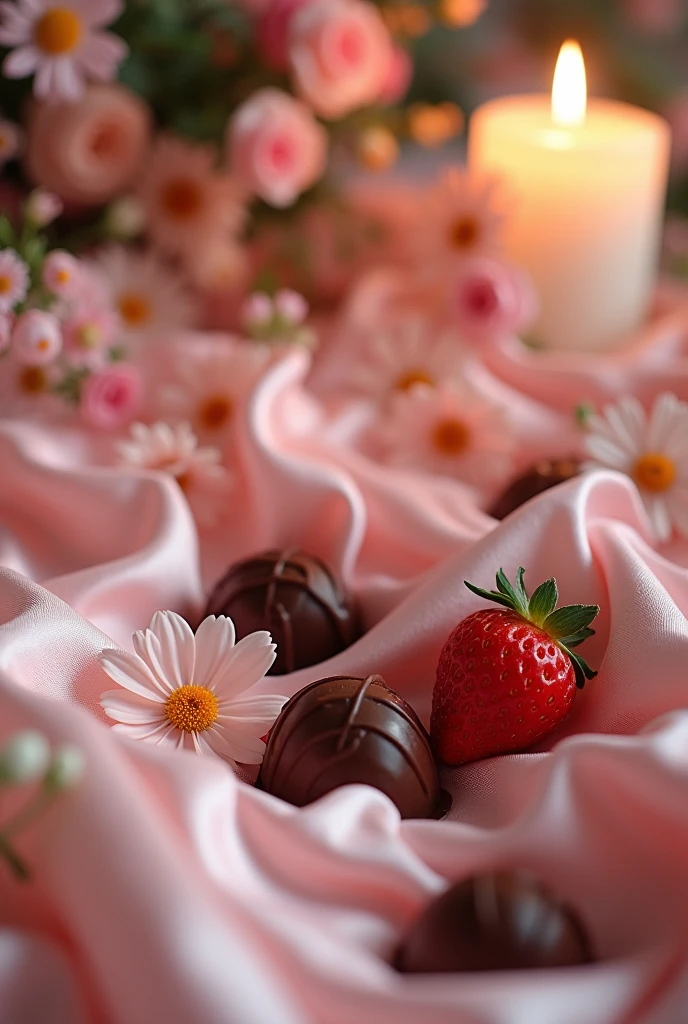 Strawberry chocolates bed flowers