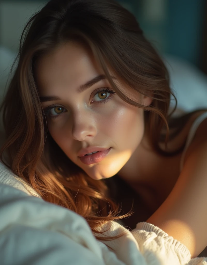 a beautiful woman with long brown hair laying in bed, detailed face and eyes, anamorphic lens flare, bella kotak style, cinematic video, close up portrait, jagged edges, light beige and blue color tones, studio lighting, realistic, photorealistic, 4k, best quality, masterpiece