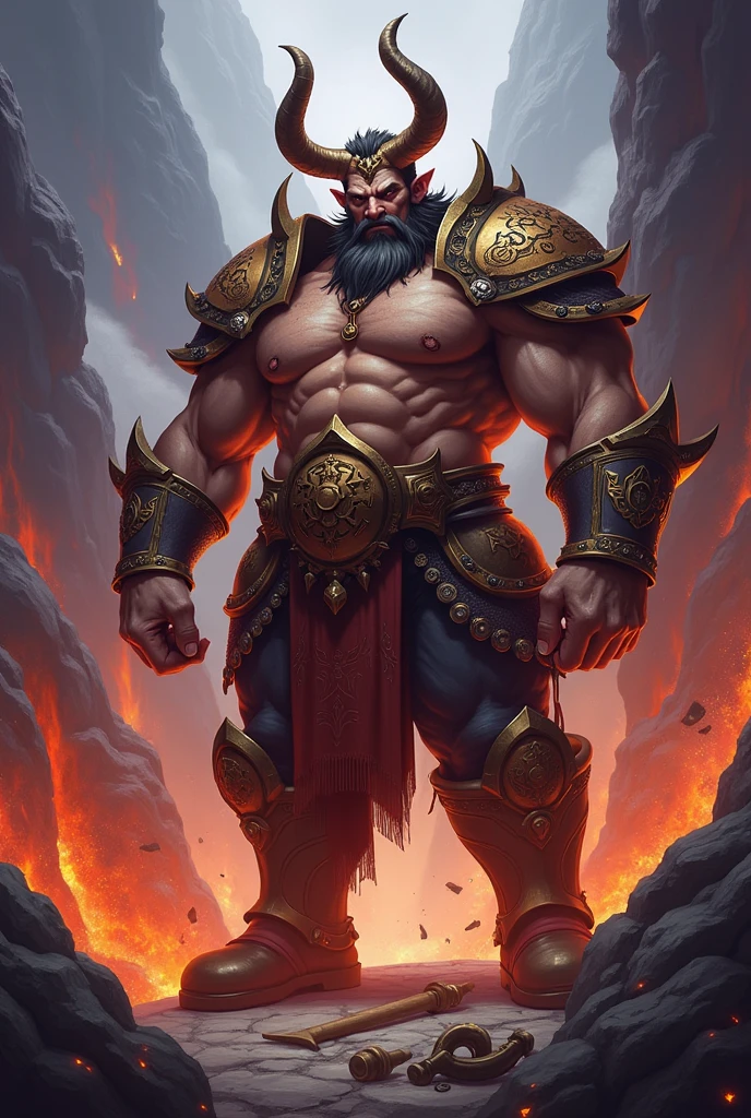 I want you to make Ornn from League of Legends, with muscles, a little fat, but with muscles facing the screen.