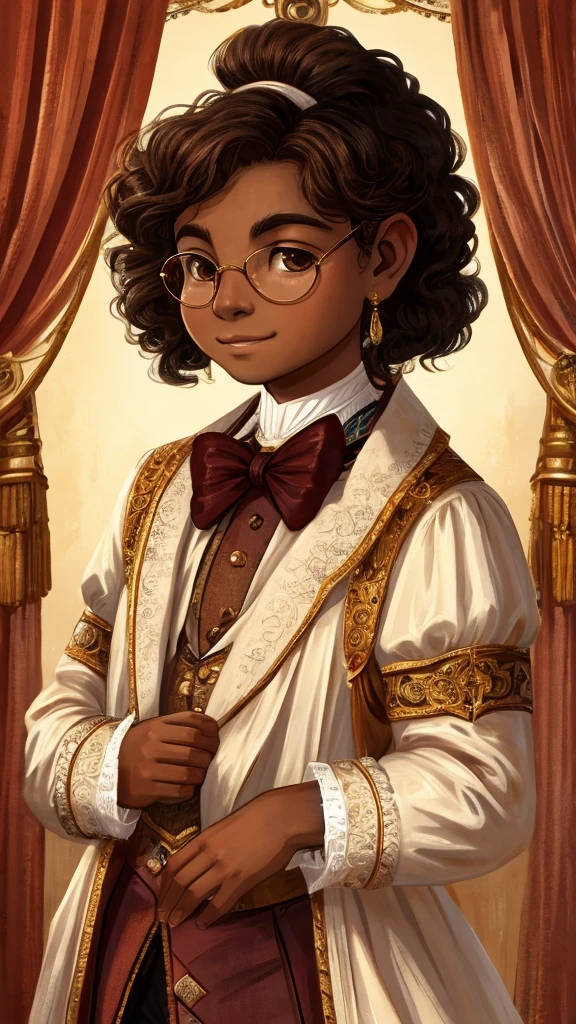 A young man wearing an elegant maroon velvet tailcoat with a carmin and black regency era three piece suit, regency era, long curly dark brown hair in a low ponytail, light brown skin, freackles, brown eyes, elegant, rich, wearing glasses, Bridgerton, clean face, young face, regency era ball, gold and white background color scheme, 