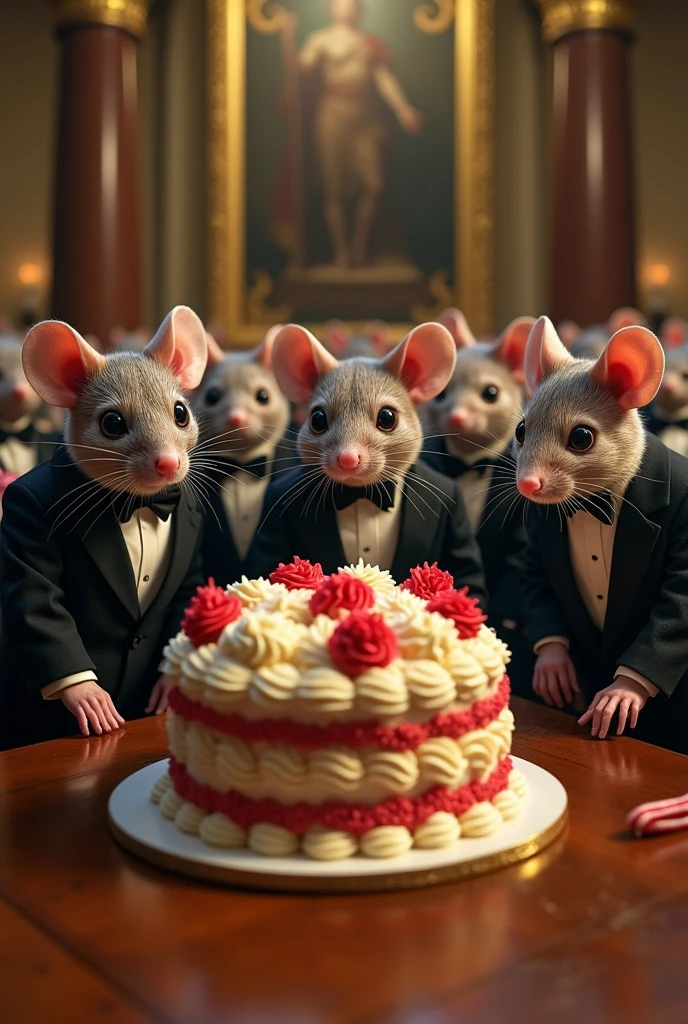 Several angry and corrupt mice in formal attire looking at a cake and wanting to eat it, but they don't eat, all inside the Guatemalan congress