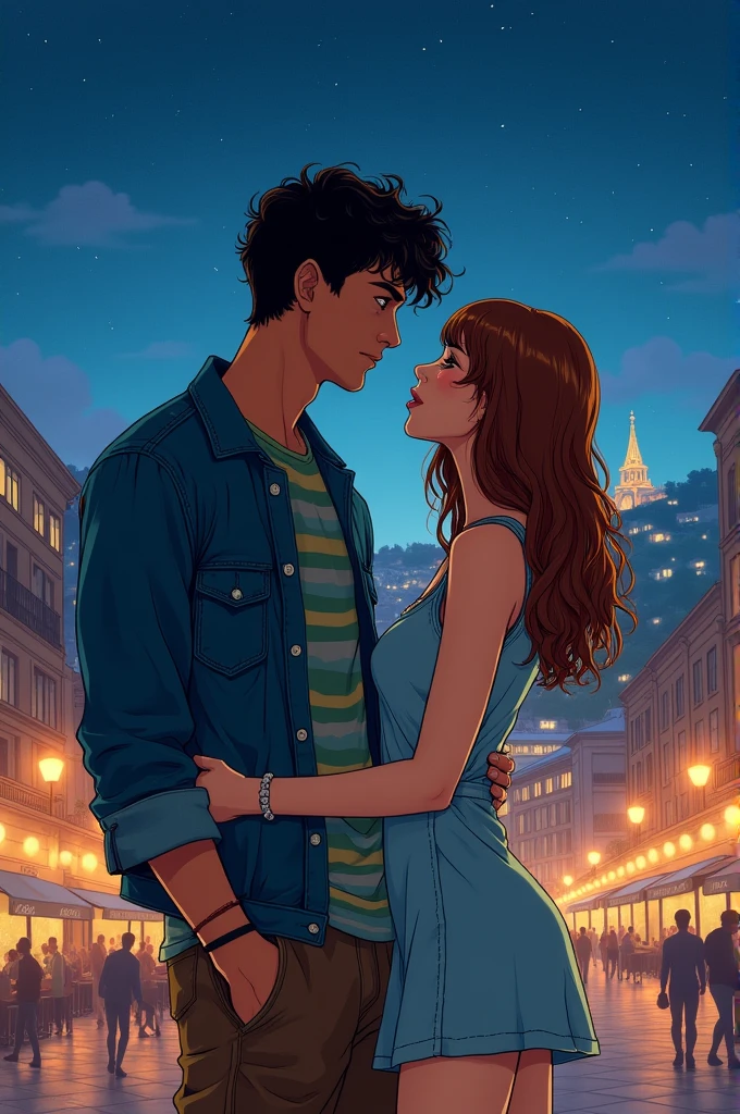 **Prompt:**
A manga-style scene set at night in a city. The scene features a tall, athletic young man with tan skin and medium-length, curly black hair. He is wearing brown pants, a green, blue, and gray striped t-shirt, and a denim jacket. He is embracing a young girl with tan skin and long chestnut hair, who is wearing a light denim short dress. The two characters stand on a plaza that overlooks a breathtaking view of the city below, with a large basilica perched on a hill in the distance. The night sky is illuminated by the soft glow of city lights, adding to the emotional and romantic atmosphere as they embrace tenderly and gaze into each other's eyes.