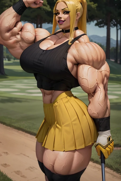 (((Close-up))), tall, (yellow hair) beautiful muscular Latino woman, long flowing hair, brown skinned, large breast, closed smile, (black lipstick), (massive muscles), (hyper muscle), ((ginormous bulky muscles)), red eyes, (((yellow golf top))), (((black long pleated skirt))), (thigh high socks), choker, sneakers, in a golf course,