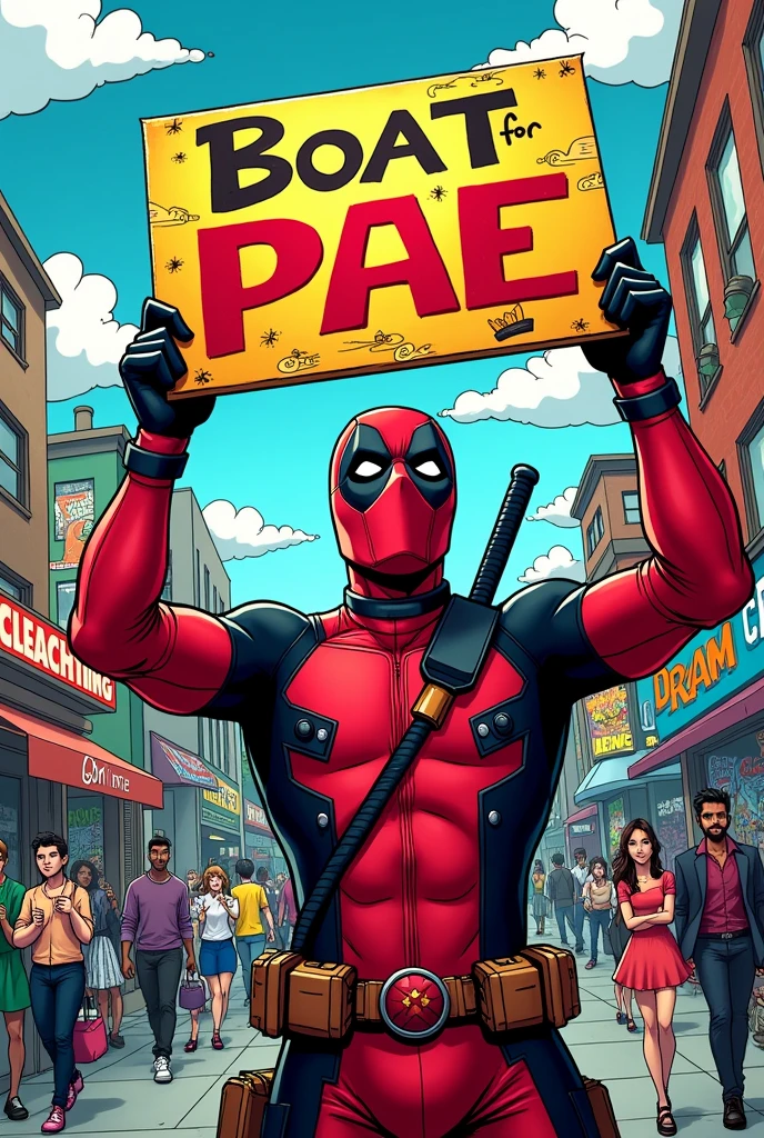 Deadpool holding a sign that says 'boat for PAE'