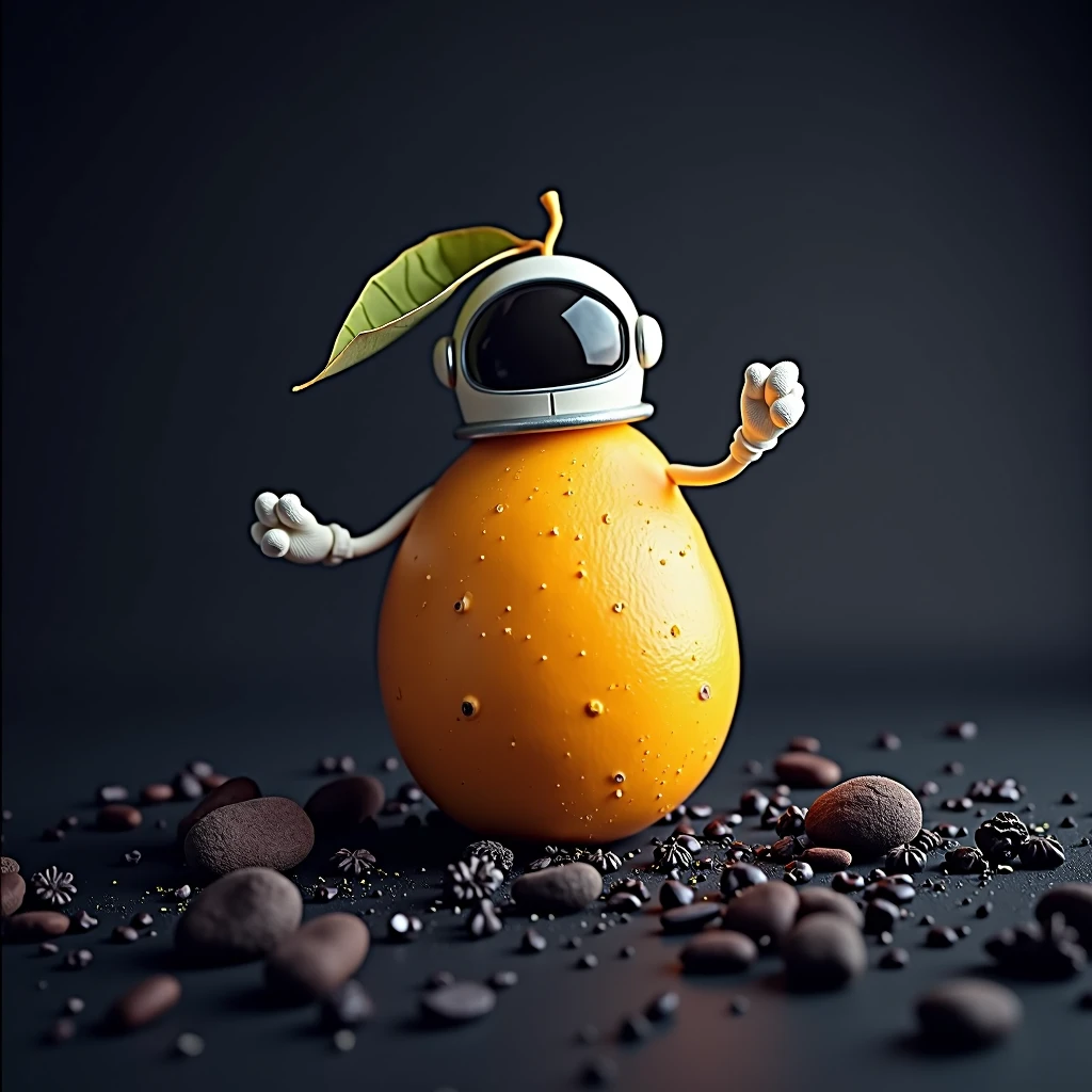 Mango fruit with astronaut helmet in space