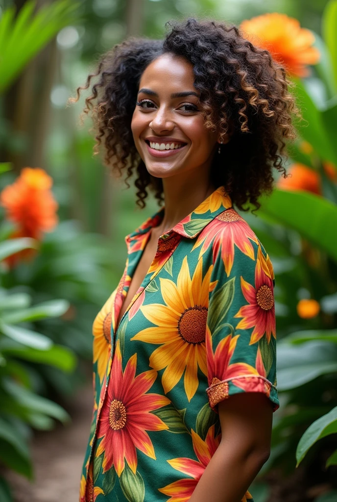 A Brazilian woman in a lush tropical garden, wearing an open shirt with a floral print, with a close-up capturing the harmonious beauty between her breasts and the natural flowers, showing off your natural charm and outgoing personality.