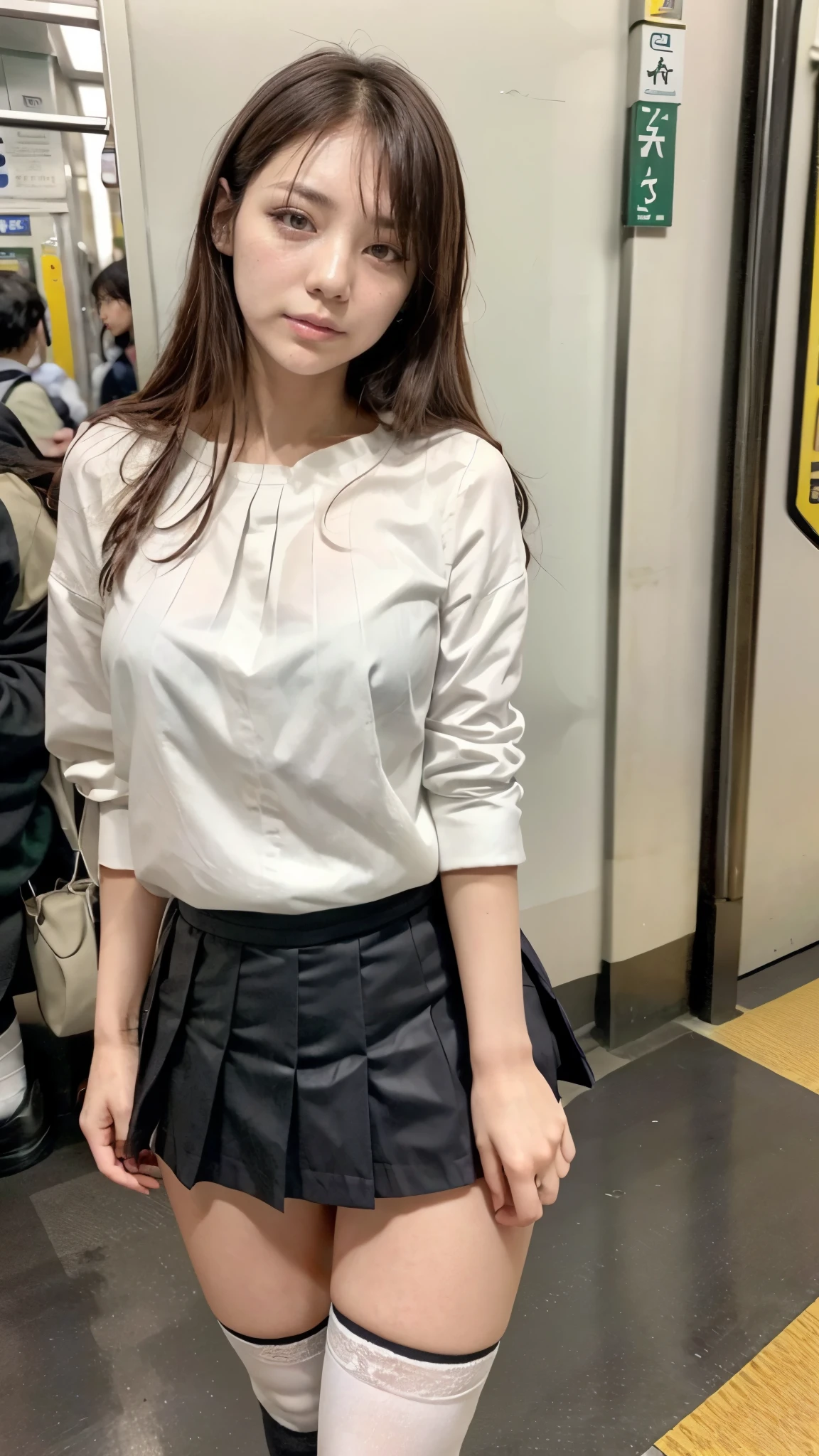 (A woman standing on the Yamanote Line:1.5)、(Realistic、Like a photograph、Live Action、8k, Realistic, RAW Photos, Best image quality: 1.4), Single-lens reflex camera、RAW Photos, Highest quality, Realistic, Highly detailed CG Unity 8k wallpaper, Written boundary depth, Cinematic Light, Lens flare, Ray Tracing, Realistic background、((Ultra-Dense Skin))、 23-year-old woman、Cute Japan OL、(whole body:1.5)、(White blouse、Black pleated skirt:1.5、Over the knee socks:1.44)、Wear glasses、Large Breasts)、Very detailedな顔，(avert your eyes:1.5)、(Long Hair:1.2、I like that style、stylish、Very detailed、Pay attention to the details、Perfect outfit、(Sunburned skin)、Front view、Accurate hands、Accurate legs、Detailed hands and fingers、Anatomically correct body、Thin legs、Thin thighs、Large Breasts、Very detailedな顔、View from the low