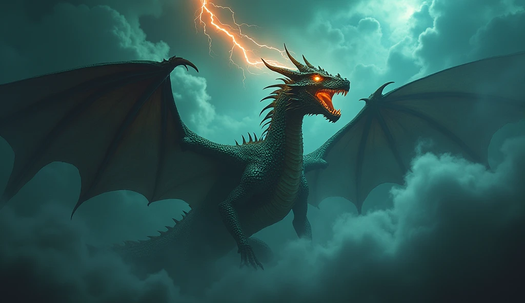 dragon behind the clouds, dark sky, orange lightning, storms