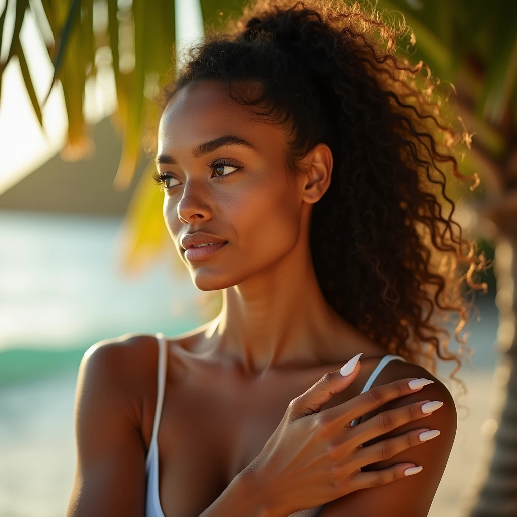 Realistic photo of a Brazilian fitness model with dark skin, curly hair tied in a ponytail and brown eyes, A close-up sensual shot of the model applying sunscreen to her shoulders and arms, with the camera focusing on the smooth movement of her hands and the glow of her skin under the sunlight.