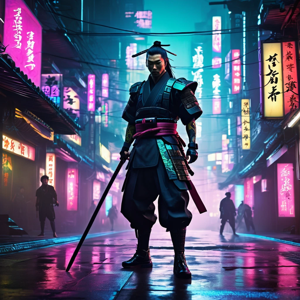 A cybernetically enhanced ronin wandering through the dark underworld of a cyberpunk Yakuza syndicate, clad in a blend of traditional hakama pants and modern armor, wielding a plasma-infused katana, carving a path through neon-lit shadows. The voices of a digitized underworld echo through the bustling streets, where honor and corruption collide in this cyber-augmented feudal landscape, (best quality,4k,8k,highres,masterpiece:1.2),ultra-detailed,(realistic,photorealistic,photo-realistic:1.37),cinematic lighting, dramatic shadows, intricate details, highly saturated colors, moody atmosphere, dystopian cyberpunk, intricate mechanical enhancements, samurai, futuristic, dark fantasy