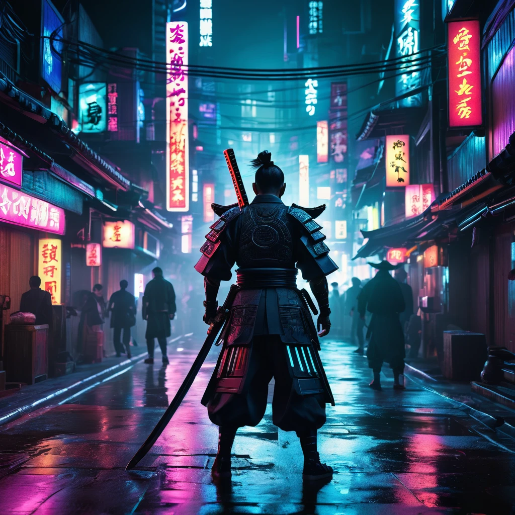 A cybernetically enhanced ronin wandering through the dark underworld of a cyberpunk Yakuza syndicate, clad in a blend of traditional hakama pants and modern armor, wielding a plasma-infused katana, carving a path through neon-lit shadows. The voices of a digitized underworld echo through the bustling streets, where honor and corruption collide in this cyber-augmented feudal landscape, (best quality,4k,8k,highres,masterpiece:1.2),ultra-detailed,(realistic,photorealistic,photo-realistic:1.37),cinematic lighting, dramatic shadows, intricate details, highly saturated colors, moody atmosphere, dystopian cyberpunk, intricate mechanical enhancements, samurai, futuristic, dark fantasy