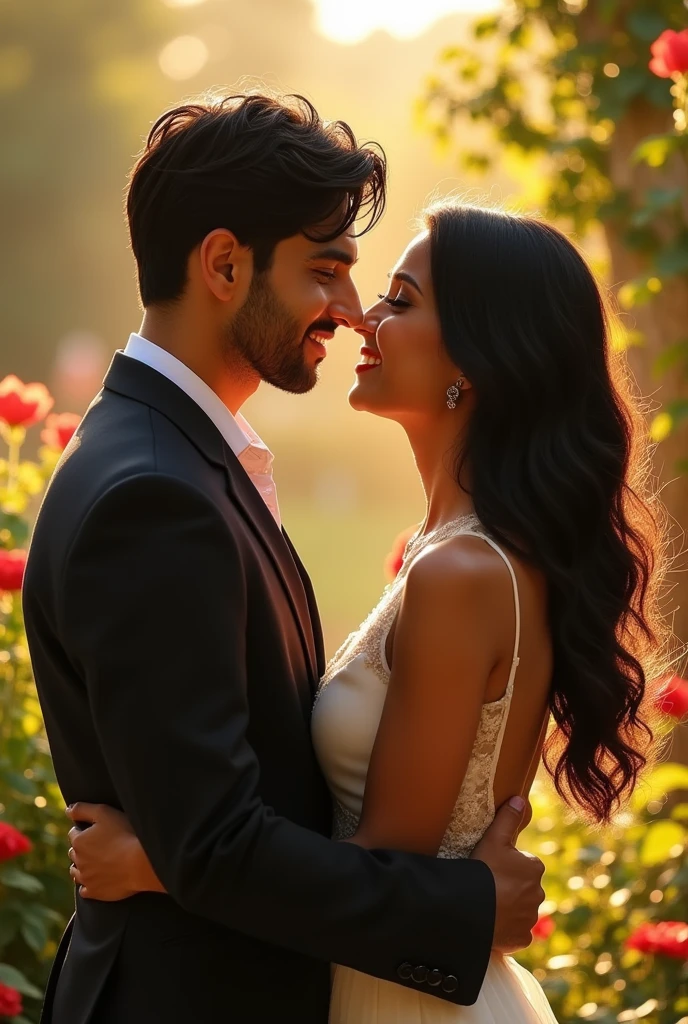 Hasan Valeriev with black hair and black eyes keep eye contact with a Maria Habibi with black hair and black eyes with love in the clear light