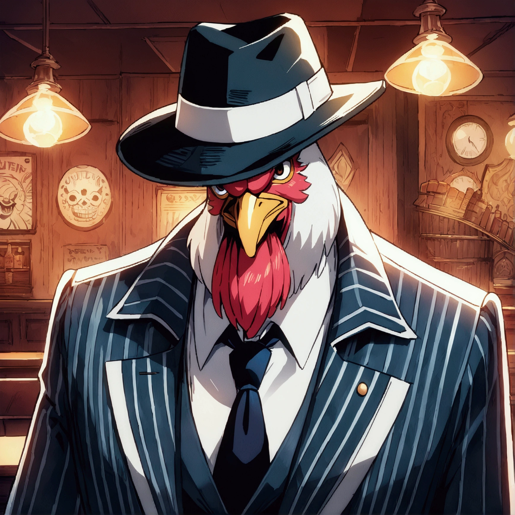 A stylish rooster, dressed as a 1920s mobster, wearing a stylish suit, fedora hat, confident and imposing expression, The background is an old bar environment, ((Intricate anime character design inspired by One Piece)), ((Stunning lighting)), ((Fine lines)), ((Stunning focus)), ((Stunning face)), ((Detailed focus)), ((Detailed background)), ((Ultra-fine 2D design)), ((Creative scenery)), ((2D masterpiece)), ((Best quality), ((8K anime style))