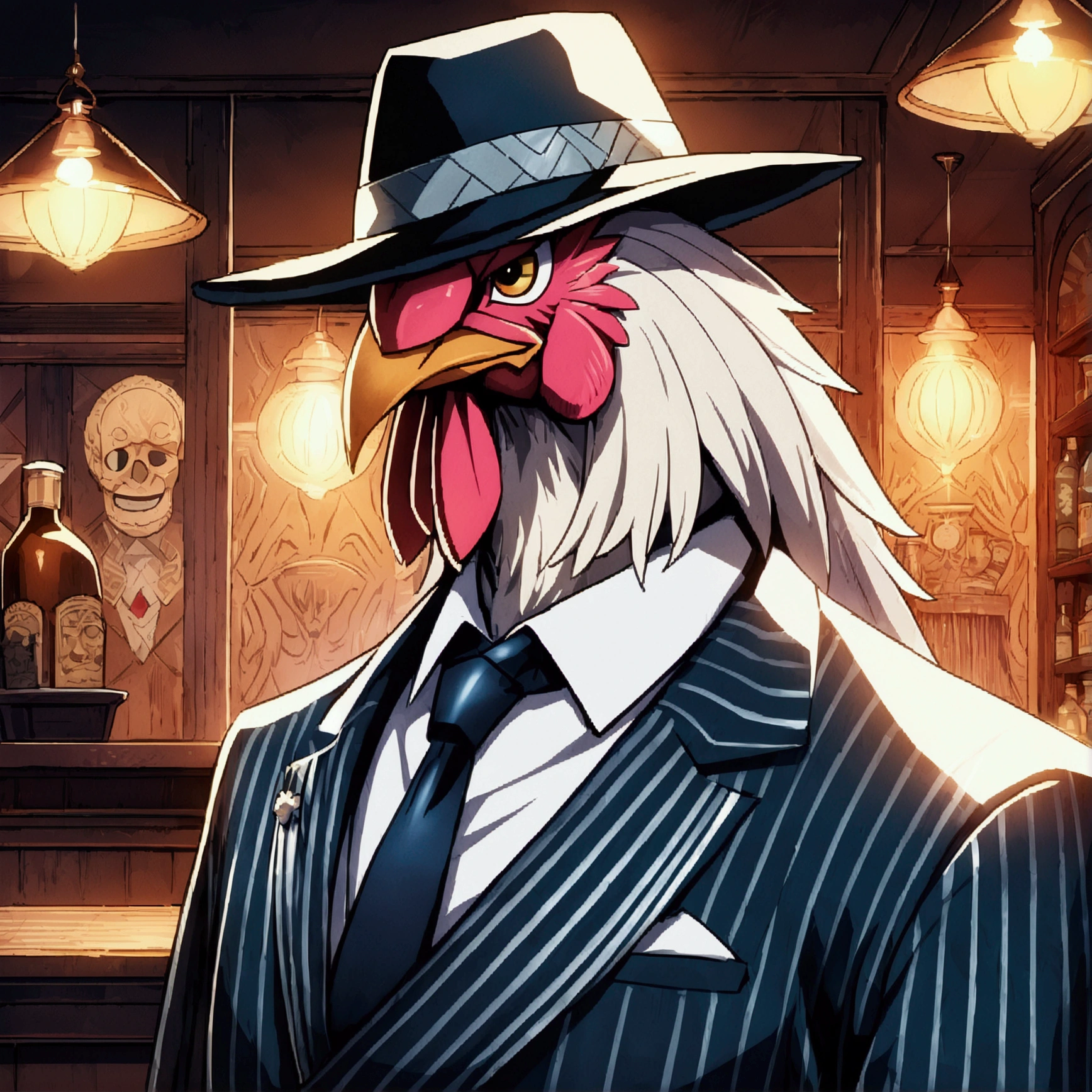 A stylish rooster, dressed as a 1920s mobster, wearing a stylish suit, fedora hat, confident and imposing expression, The background is an old bar environment, ((Intricate anime character design inspired by One Piece)), ((Stunning lighting)), ((Fine lines)), ((Stunning focus)), ((Stunning face)), ((Detailed focus)), ((Detailed background)), ((Ultra-fine 2D design)), ((Creative scenery)), ((2D masterpiece)), ((Best quality), ((8K anime style))