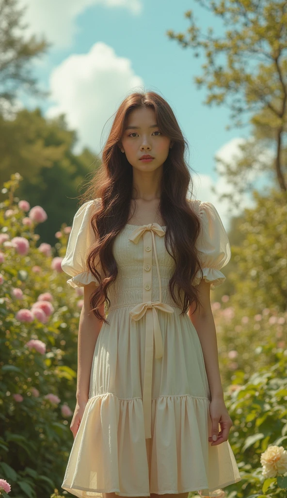 a beautiful young woman with flowing hair, wearing a frilled dress, standing in a lush garden, (best quality,4k,8k,highres,masterpiece:1.2),ultra-detailed,(realistic,photorealistic,photo-realistic:1.37), long eyelashes, beautiful detailed eyes, beautiful detailed lips, extremely detailed face, disheveled hair, frill dress, 1 girl, alone, rear view sex, (((focus on butt))), lipstick, dynamic angle, big puffy sleeves, floating, beautiful detailed sky, beautiful detailed water, beautiful intricate eyes, exposed, (fist), expressionless, side bangs, hair between eyes, ribbon, bow tie, buttons, off the shoulder, (((small breasts))), detailed wet clothing, slack-jawed expression, pleated skirt, flowers