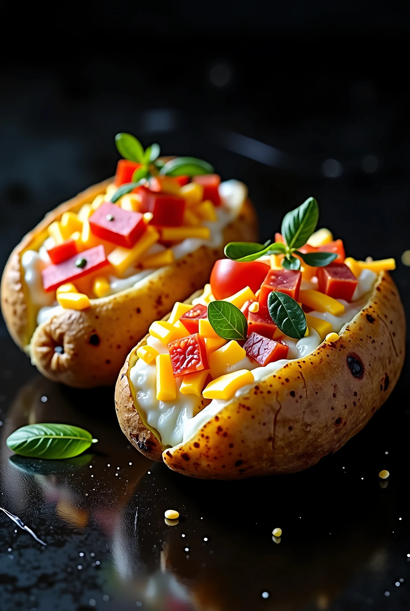 Create a hard realistic image of a stuffed potato on a black background. The potato should be cut in half and stuffed with melted mozzarella cheese, ham, and for pairing cream cheese and cheddar, chopped tomatoes and oregano. The image should highlight the complete and appetizing meal, with a focus on the juiciness of the potato and. Use soft lighting to highlight the textures and shine of the ingredients without causing unwanted reflections.
Focus: Make sure the potato and the main ingredients are in focus and with sharp details.
Presentation: Make sure the potato looks fresh and juicy, with a presentation that catches the eye and arouses the desire to eat.