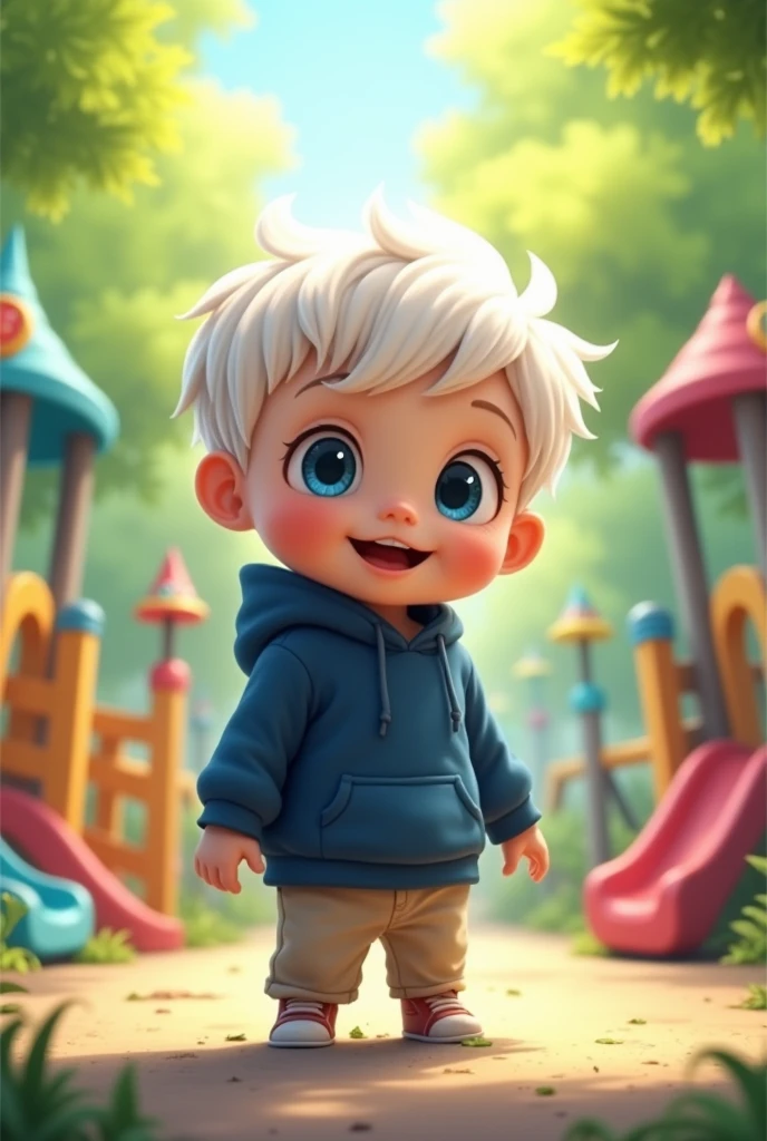 Make a 2 with white hair, blue eyes, midnight blue hooded shirt and beige pants. The gender is anime.
