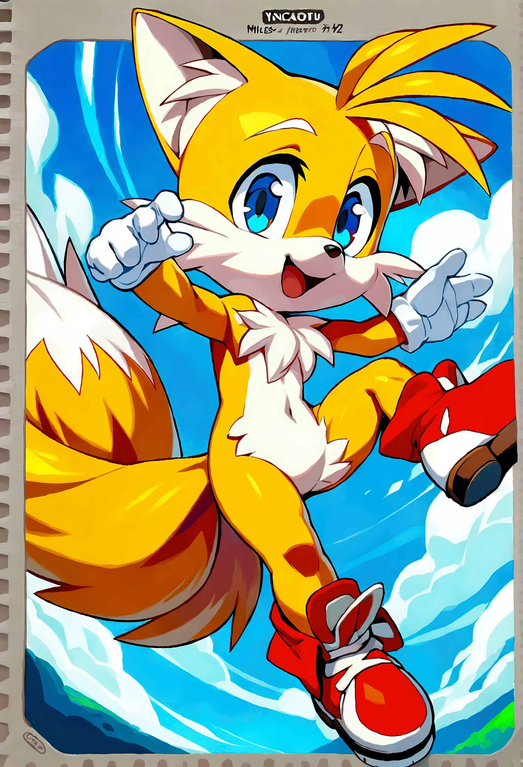 mammal, canid, canine, fox, yuji_uekawa, naoto_ohshima, official_art, miles_prower, young, male, anthro, solo, anthro, mostly_nude, featureless_crotch, red_footwear, white_gloves, sega, sky, 2_tails, digital_painting, (masterpiece, best_quality), safe
