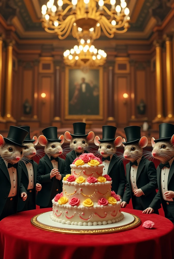 Several angry and corrupt mice in formal attire looking at a cake and wanting to eat it, but they don't eat, all inside the Guatemalan congress