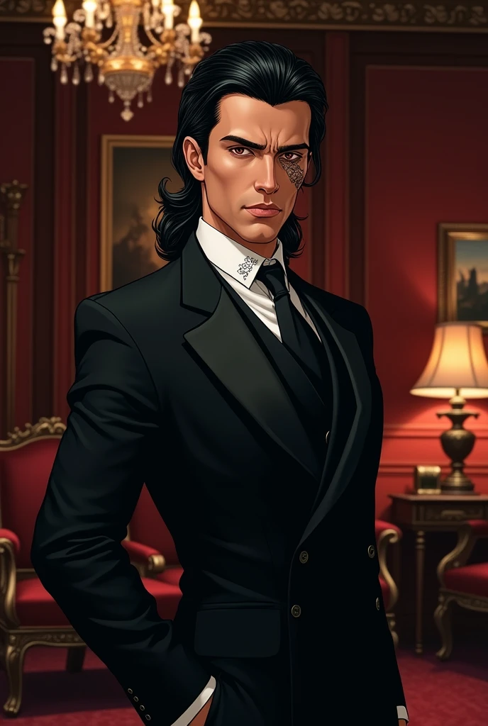 yiffymix illustration, black haired man with dark brown eyes, handsome, serious and confident expression, scar on the right cheek from a knife cut, dressed like in Victorian times, with black suit, military haircut