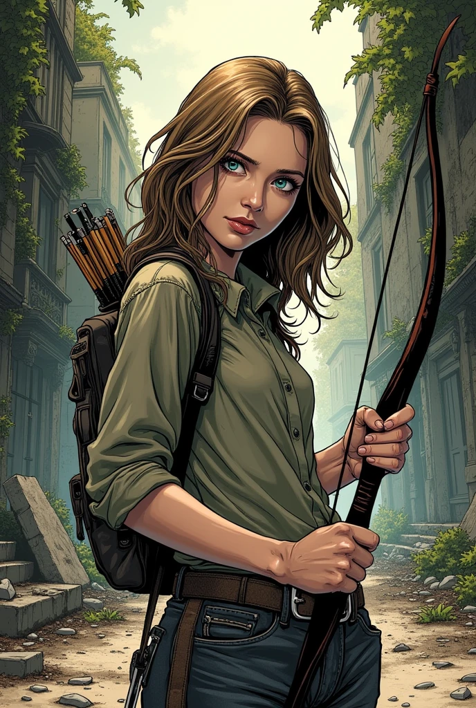 Girl, 17, with light brown hair and blue-grey eyes, pale complexion, in The Walking Dead comic book art style. Holding a bow.