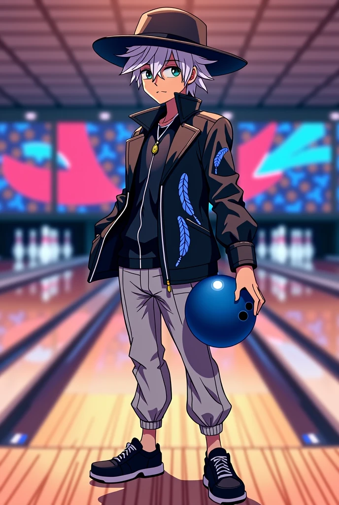 anime style draw. a man of , Scrawny, with messy white hair, with a black hat, in black clothes with a blue feather print, with white pants without a pattern , holding a blue bowling ball, on a realistic bowling court