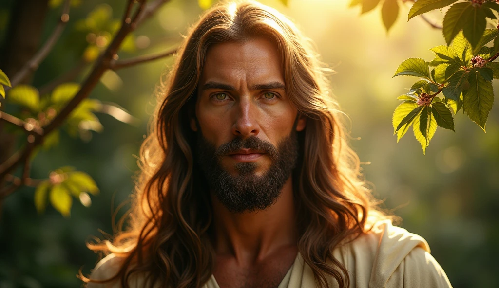 Ultrarealistic close-up of Jesus Christ with a nature background, with long hair and beard.