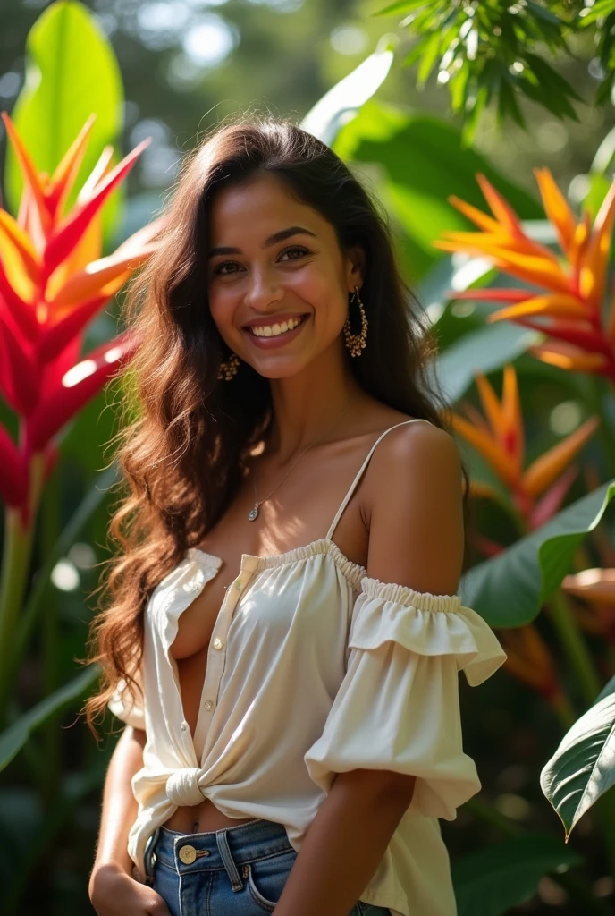 A Brazilian woman in a lush tropical garden, wearing an open shirt, with a close-up capturing the harmonious beauty between her breasts and the natural flowers, showing off your natural charm and outgoing personality.