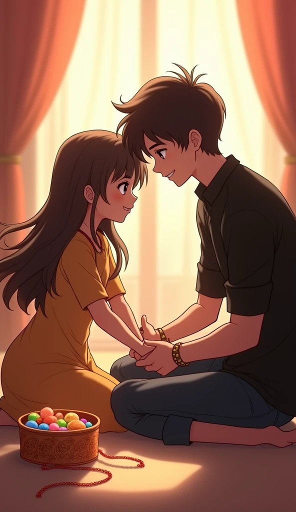Create an image of an anime boy and girl during Raksha Bandhan. The sister, a cheerful girl with long hair, is tying a rakhi on her brother's wrist with a tender smile. The brother, dressed in a modern black shirt, looks at her with affection. They are seated in a cozy room, with soft sunlight streaming in, capturing the warmth and love of their sibling bond on this special day. A small box of sweets lies beside them, adding to the festive atmosphere.