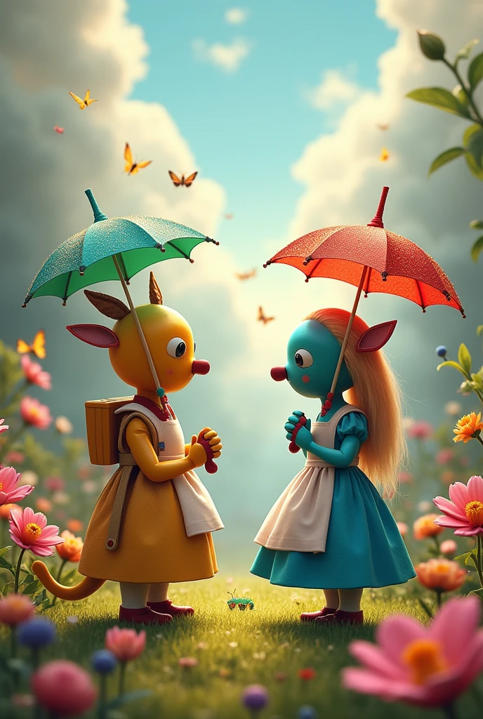 One Electron points his umbrella upwards while another Electron points his umbrella downwards and they chat with Alice from Wonderland. 