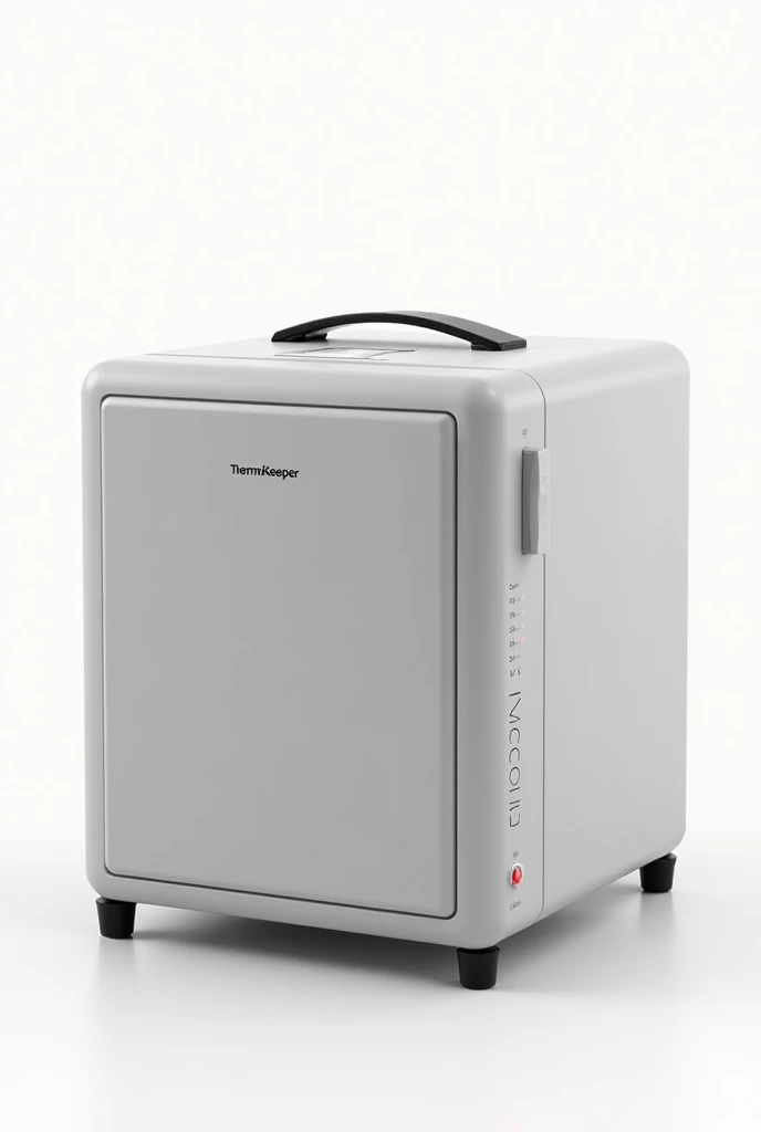On a White background put 

A compact and sophisticated design portable microwave, designed to preserve the temperature of food and beverages anywhere. With dimensions of 27 cm wide, 18 cm deep and 15 cm high.

### **outer:**
The body of the micro is made of high-quality ABS plastic with a matte finish, providing durability and a pleasant feel to the touch. 

Na parte superior, a padded retractable handle, discreetly embedded in the design, allows comfortable and safe transport. When not in use, the handle can be retracted, keeping the device profile clean and modern. Non-slip rubber feet on the base ensure the microwave remains stable on any surface.

### **portra:**
The ThermoKeeper door is flipped up, Towards the sky, offering a convenient and accessible opening. Made of durable material with a small tempered glass viewer, allows the user to see the content without having to open the device. The magnetic closure system ensures the door remains securely closed during transport or use, but that can be easily opened with one hand.

### **Control Panel:**
The digital control panel is located on the side, near the base of the device, with touch-sensitive buttons for an intuitive and modern user experience. Small indicator LEDs display the operating status, while a digital display shows the internal temperature, allowing the user to easily monitor the content.