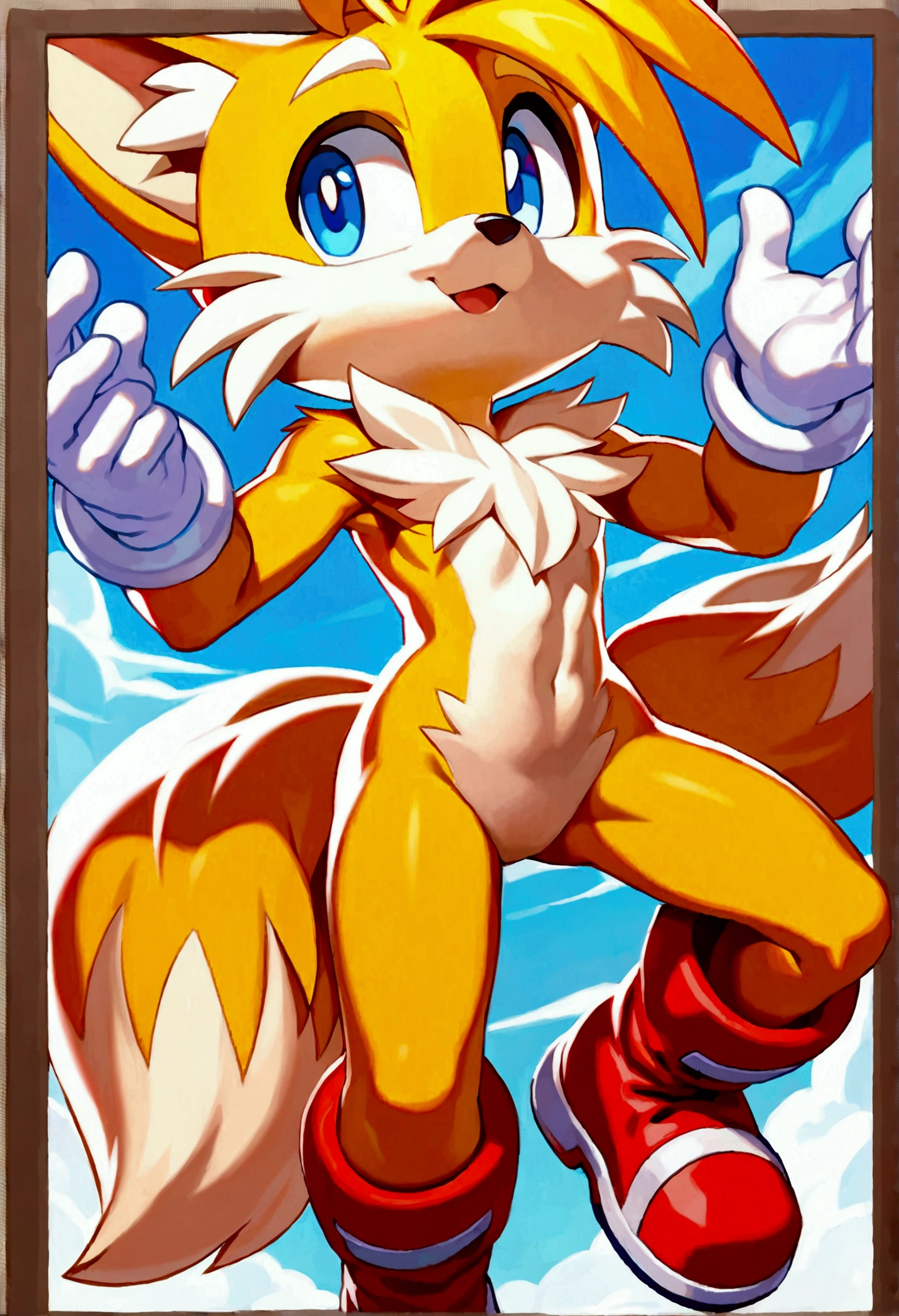 mammal, canid, canine, fox, yuji_uekawa, naoto_ohshima, official_art, miles_prower, young, male, anthro, solo, anthro, mostly_nude, featureless_crotch, red_footwear, white_gloves, sega, sky, 2_tails, digital_painting, (masterpiece, best_quality), safe