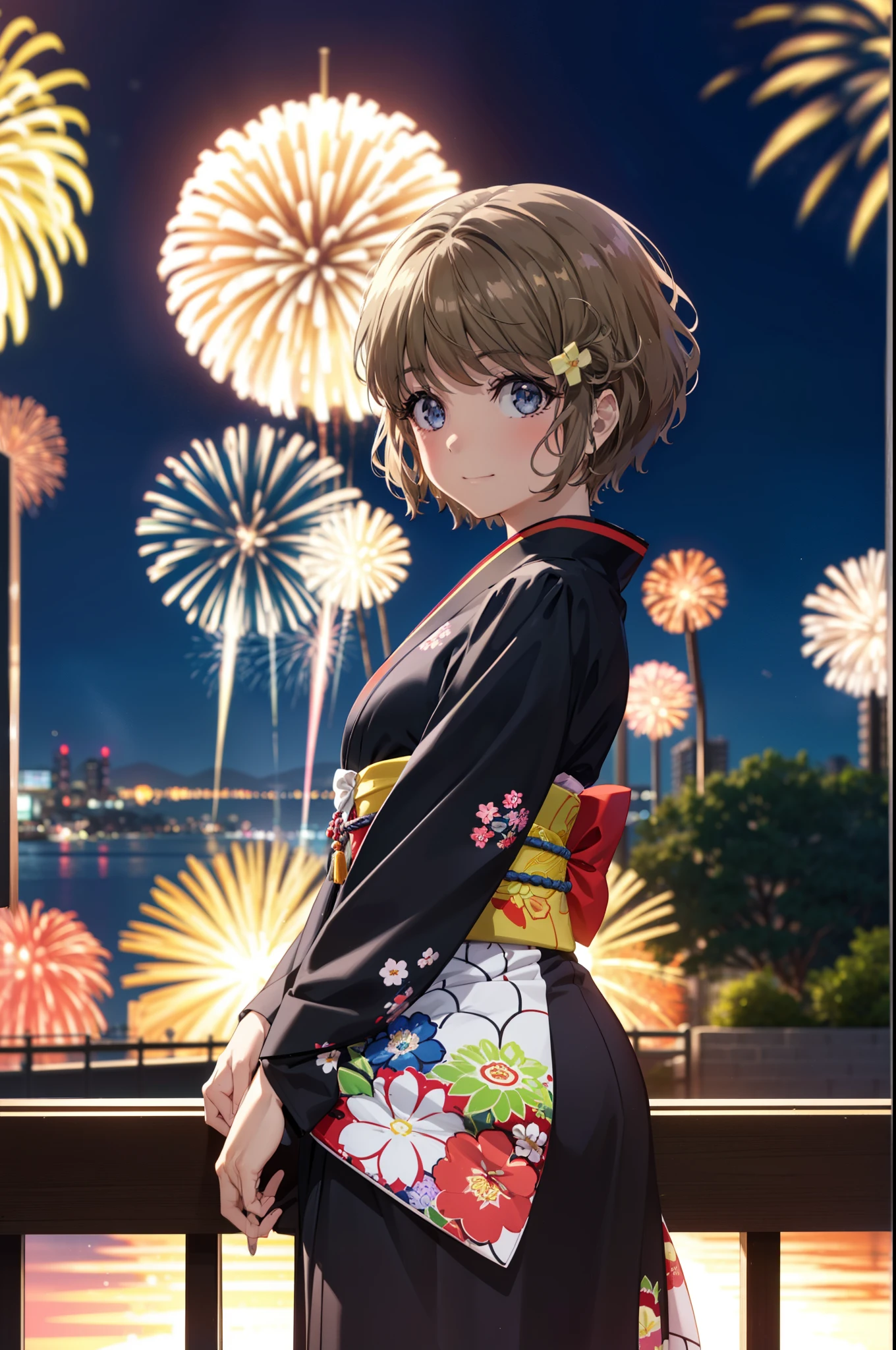 tomoekoga, Chie Koga, short hair, Brown Hair, blue eyes, Flower Hair Ornaments,smile,black kimono,日本のFestivalり,夏Festivalりの屋台,Red lantern,Fireworks in the night sky,Fireworks、The place is a fireworks display,Time is night,sunny day,turn around,whole bodyがイラストに入るように
break outdoors,Festival ,
break looking at viewer, whole body,(Cowboy Shot:1.5),
break (masterpiece:1.2), Highest quality, High resolution, unity 8k wallpaper, (figure:0.8), (Beautiful attention to detail:1.6), Highly detailed face, Perfect lighting, Highly detailed CG, (Perfect hands, Perfect Anatomy),