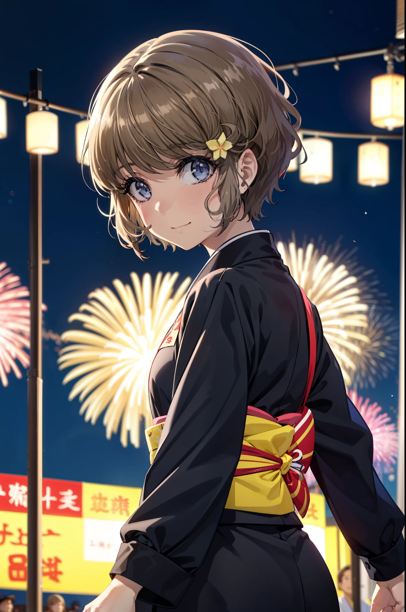 tomoekoga, Chie Koga, short hair, Brown Hair, blue eyes, Flower Hair Ornaments,smile,black kimono,日本のFestivalり,夏Festivalりの屋台,Red lantern,Fireworks in the night sky,Fireworks、The place is a fireworks display,Time is night,sunny day,turn around,whole bodyがイラストに入るように
break outdoors,Festival ,
break looking at viewer, whole body,(Cowboy Shot:1.5),
break (masterpiece:1.2), Highest quality, High resolution, unity 8k wallpaper, (figure:0.8), (Beautiful attention to detail:1.6), Highly detailed face, Perfect lighting, Highly detailed CG, (Perfect hands, Perfect Anatomy),
