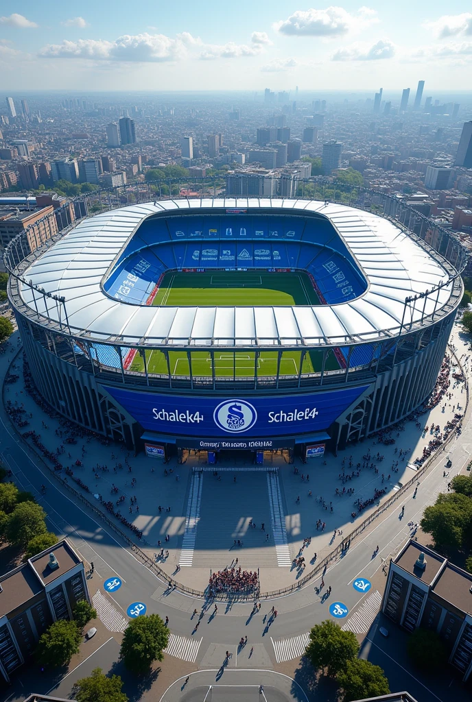 Create a football stadium for the German club Schalke 04, where the capacity would be 75,000 seats. With several club shops around the venue. Let the photo be from a drone outside the stadium and in the air.