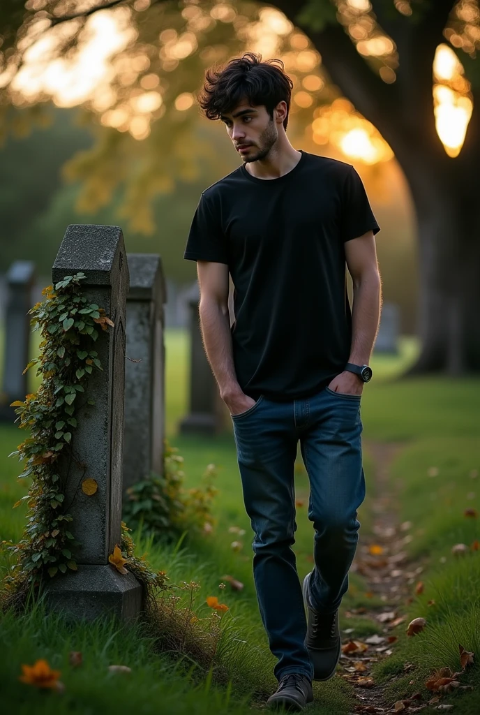 (photorealism:1.2), Young man walking in the cemetery with his girlfriend, but he with a sad face looking back, towards two tombs