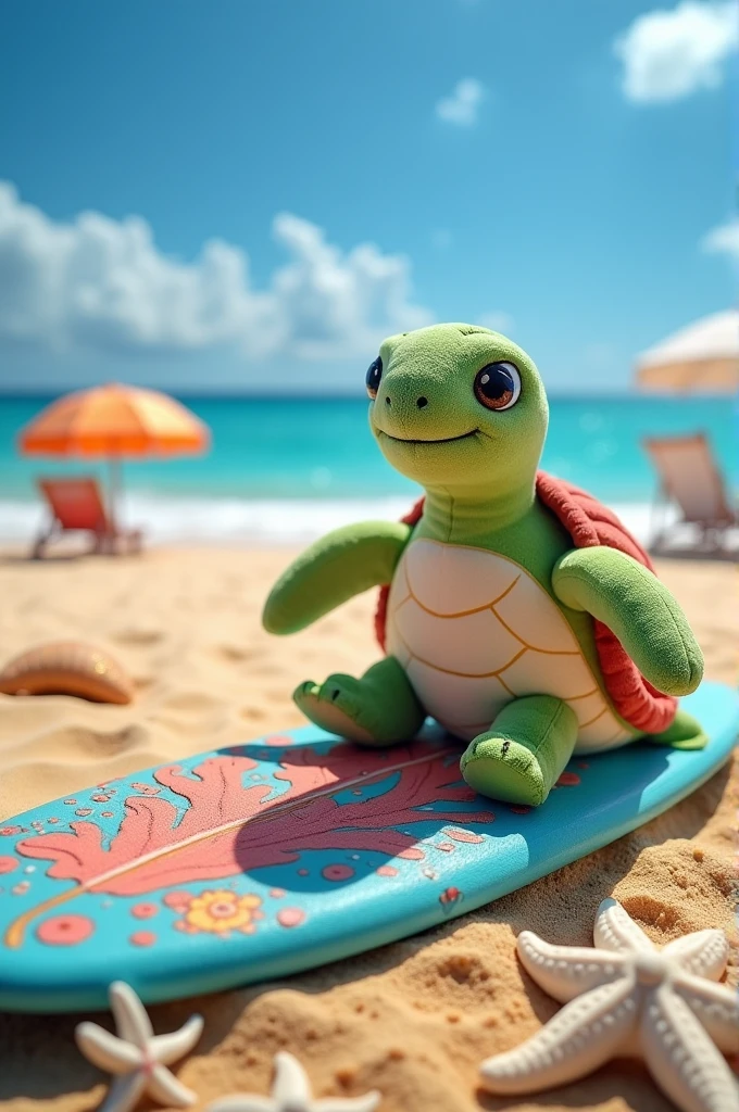 A soft stuffed animal that has to do with the sea and a surfboard