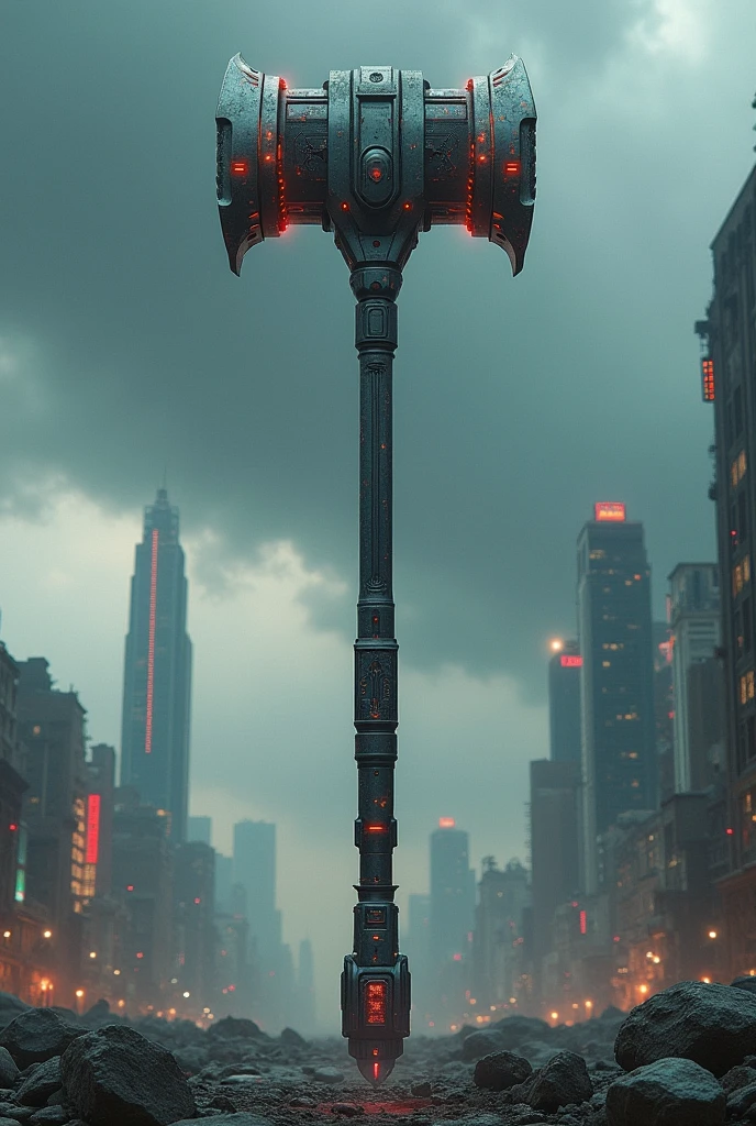 A big technological war hammer with a long pole for grip in a futuristic apocalipse style