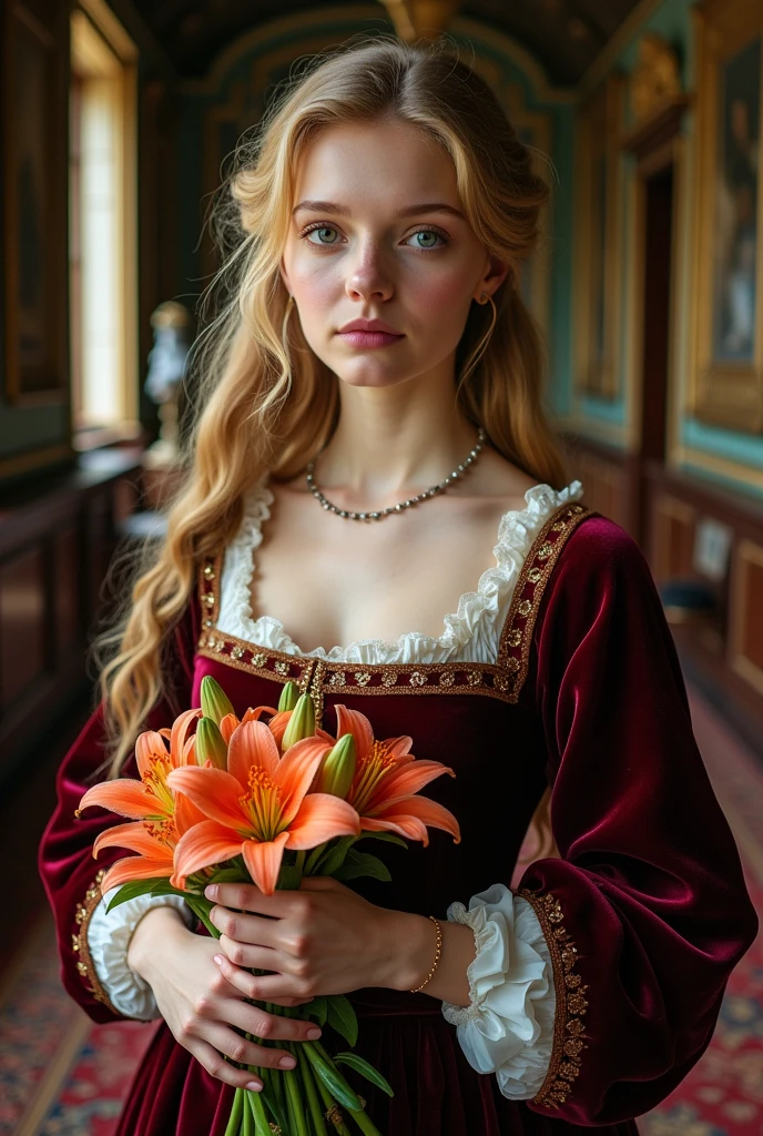 Hello, can you help me create a hyperrealistic photo of a young woman from the Dutch bourgeoisie of the 16th century, blonde with green eyes, indescribable beauty, with a burgundy velvet dress and a white blouse, in her hands a bunch of nova zembla lilium, in the style of Peter Paul Rubens, photorealistic, UHD, 4K, thank you.