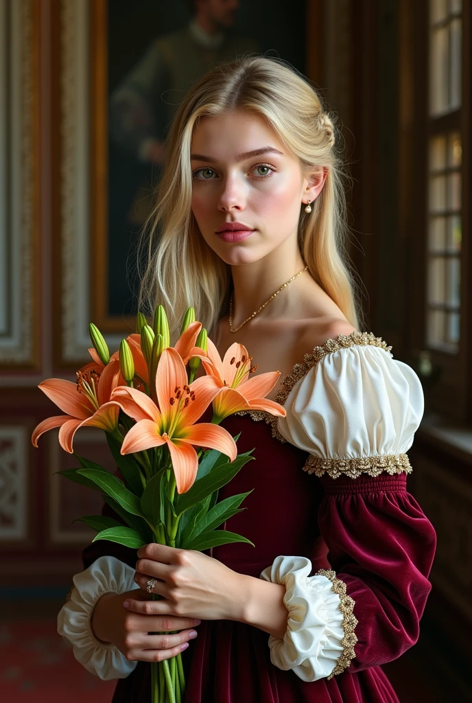 Hello, can you help me create a hyperrealistic photo of a young woman from the Dutch bourgeoisie of the 16th century, blonde with green eyes, indescribable beauty, with a burgundy velvet dress and a white blouse, in her hands a bunch of nova zembla lilium, in the style of Peter Paul Rubens, photorealistic, UHD, 4K, thank you.