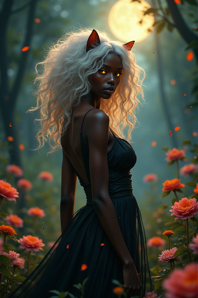 Black woman with big breasts,white hair with red streaks,golden eyes like a cat,naked