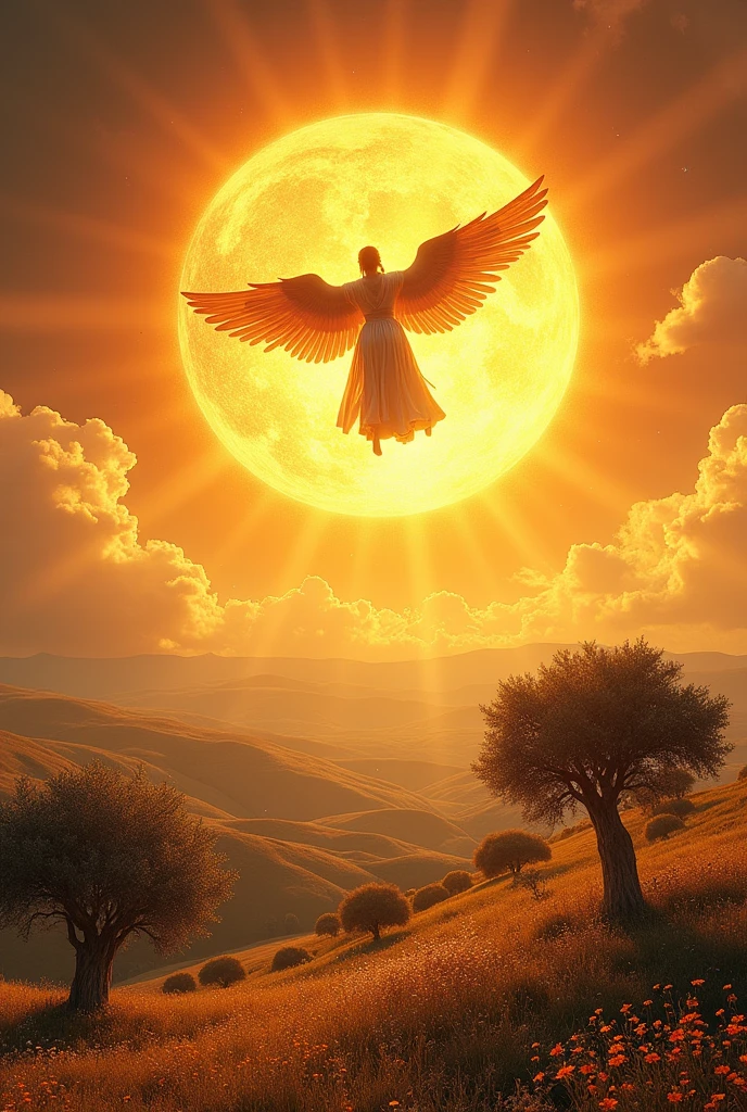 Image of a blazing sun and a winged Greek flying overhead