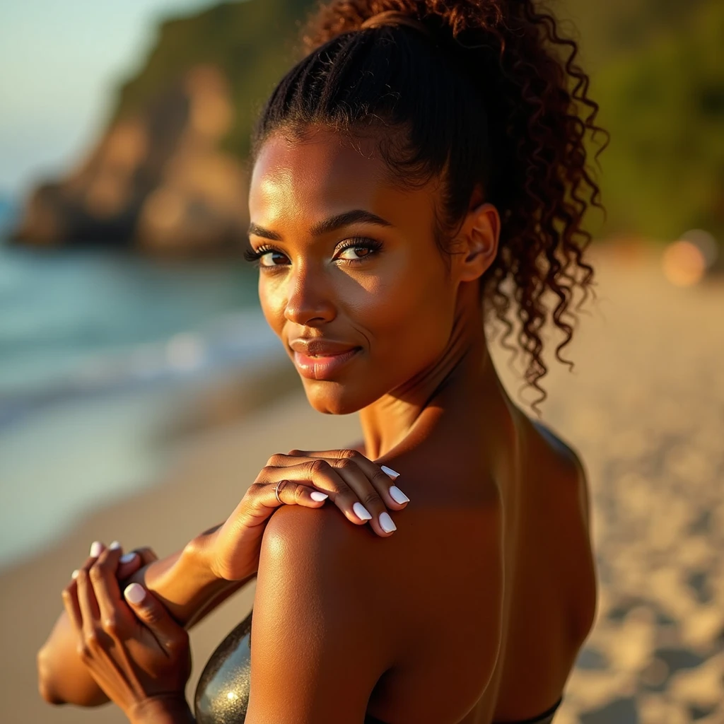 Realistic photo of a Brazilian fitness model with dark skin, curly hair tied in a ponytail and brown eyes, A close-up sensual shot of the model applying sunscreen to her shoulders and arms, with the camera focusing on the smooth movement of her hands and the glow of her skin under the sunlight.