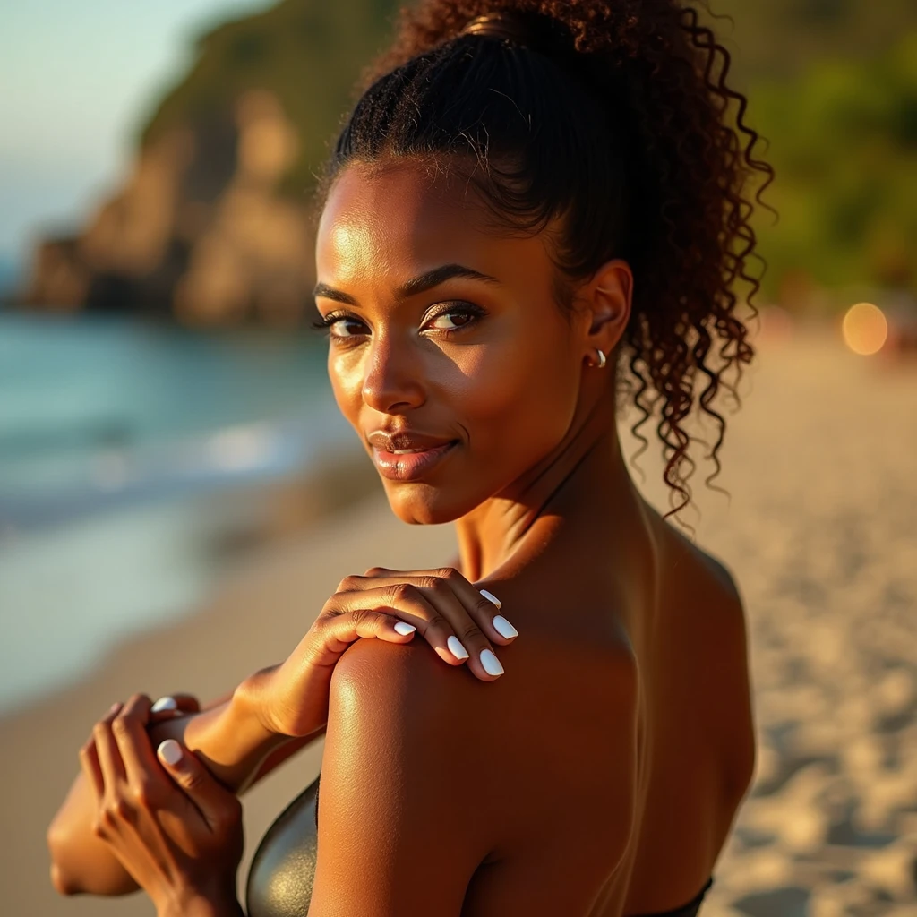 Realistic photo of a Brazilian fitness model with dark skin, curly hair tied in a ponytail and brown eyes, A close-up sensual shot of the model applying sunscreen to her shoulders and arms, with the camera focusing on the smooth movement of her hands and the glow of her skin under the sunlight.