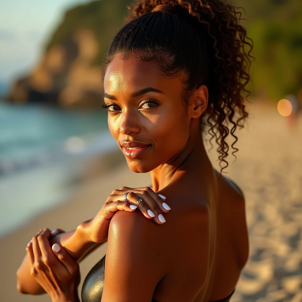 Realistic photo of a Brazilian fitness model with dark skin, curly hair tied in a ponytail and brown eyes, A close-up sensual shot of the model applying sunscreen to her shoulders and arms, with the camera focusing on the smooth movement of her hands and the glow of her skin under the sunlight.