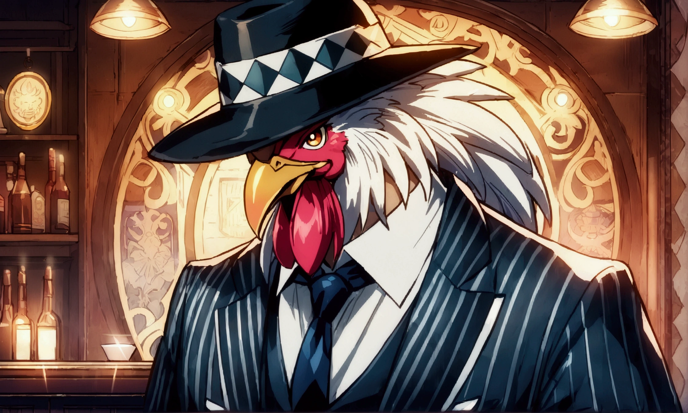 A stylish rooster, dressed as a 1920s mobster, wearing a stylish suit, fedora hat, confident and imposing expression, The background is an old bar environment, ((Intricate anime character design inspired by One Piece)), ((Stunning lighting)), ((Fine lines)), ((Stunning focus)), ((Stunning face)), ((Detailed focus)), ((Detailed background)), ((Ultra-fine 2D design)), ((Creative scenery)), ((2D masterpiece)), ((Best quality), ((8K anime style))